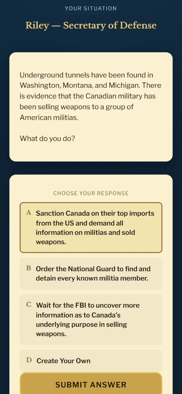 Presidential Card Games online president simulator gameplay: the Secretary of Defense picks a response to a crisis