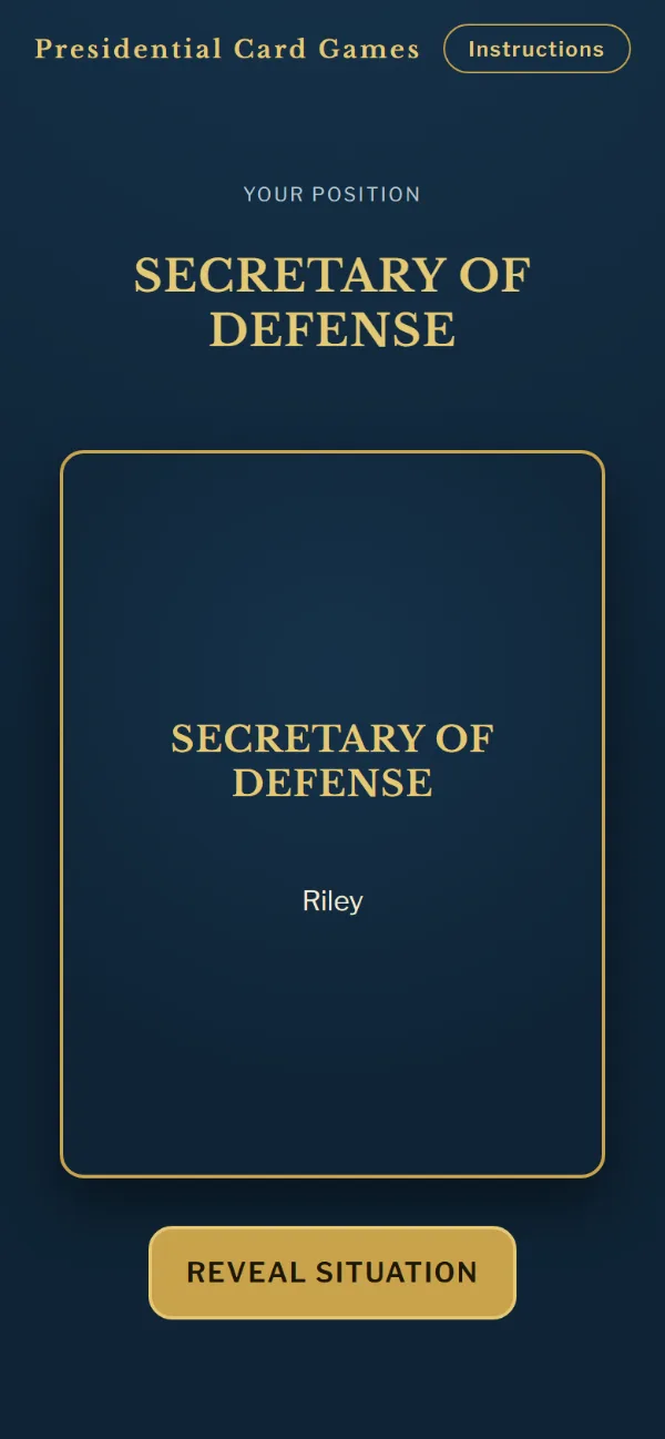 A face-down situation card for the Secretary of Defense, waiting to be revealed
